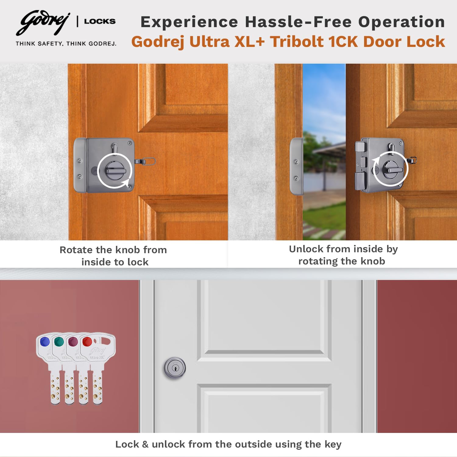 Godrej Rim Lock I Tribolt Ultra XL+ l 1CK Latchbolt I for Inside Opening Wooden Door | Left/Right Handed Doors I 4 Keys I 5-Year Warranty I Automatic Locking l Matte Black Nickel Finish — Amazon image 7
