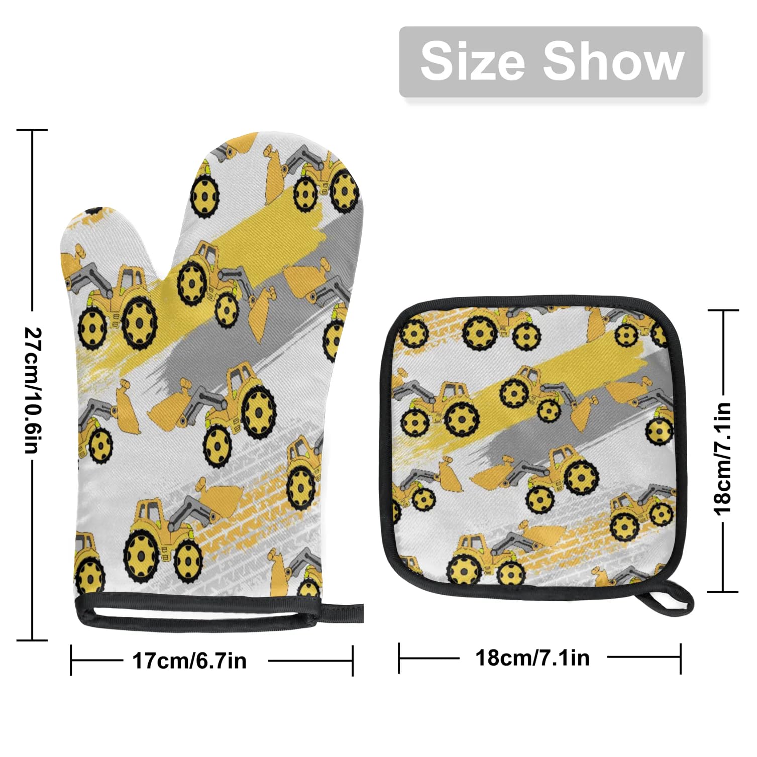 Cartoon Excavator Oven Mitts Kitchen Oven Gloves for Cooking Baking Heat Proof Lining Cotton Kitchen Potholder Mittens Pot Holders Hot Pads for Chef Women Men