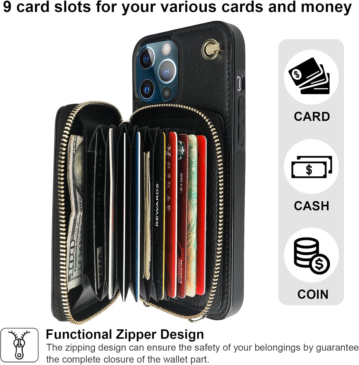Bocasal Crossbody Wallet Case for iPhone 12 Pro Max, RFID Blocking Leather Purse Case with Card Holder, Protective Handbag Flip Cover with Zipper Wrist Strap Lanyard for Women 5G 6.7 Inch (Black)