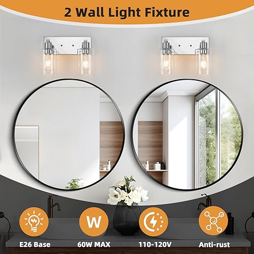 Miniatura 6 de 2 luces de baño cromadas con pantalla de vidrio transparente de 13 pulgadas, modernos accesorios de iluminación de baño sobre espejo para