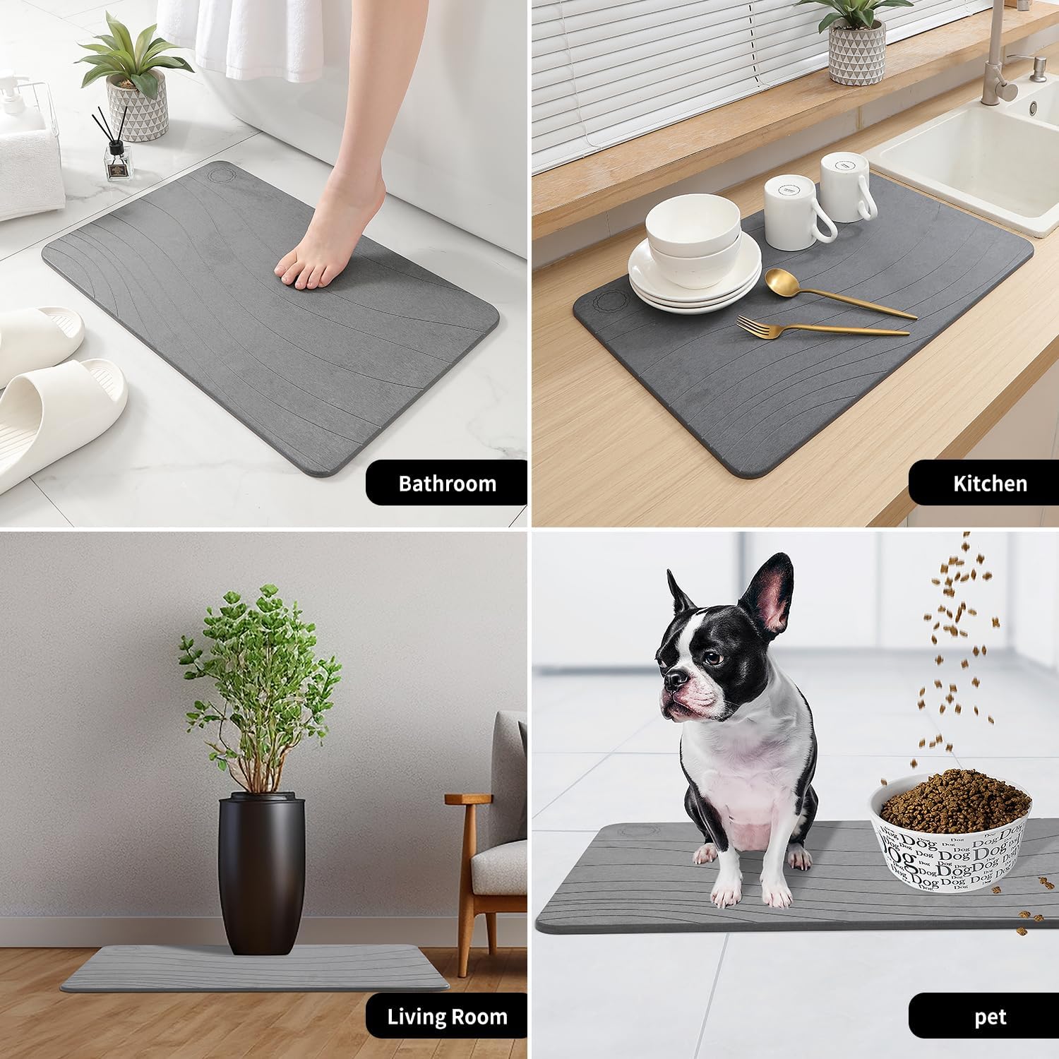 Stone Bath Mat, Non-Slip Diatomaceous Earth, Fast-Drying Rectangular Bathroom Shower Mat, Dark Gray