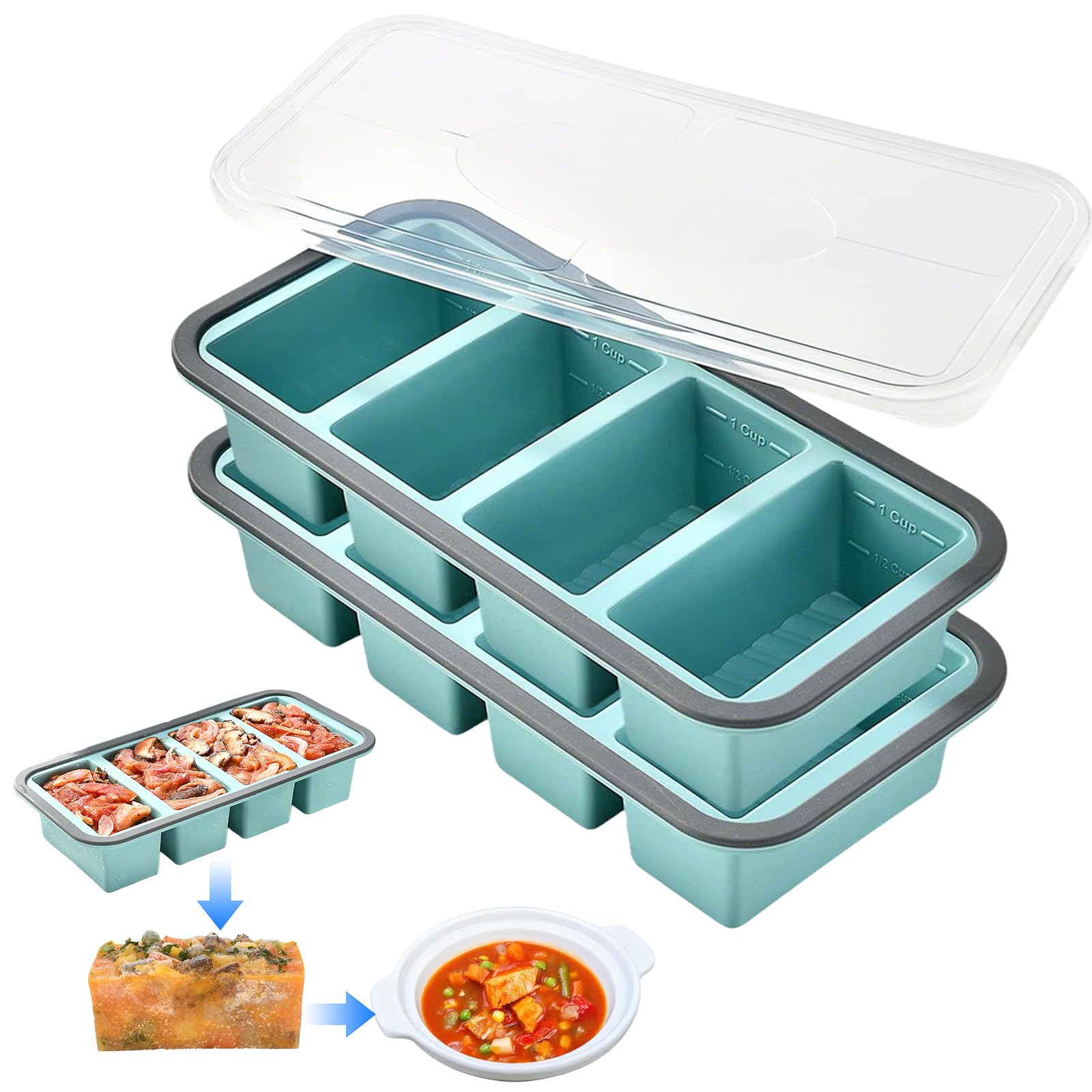 Lot de 2 moules de congélation en silicone - 250 ml - Extra larges - Avec couvercle - Sans BPA - Passe au lave-vaisselle - Pour soupe, sauce, bouillie de bébé, congeler des portions - Récipient