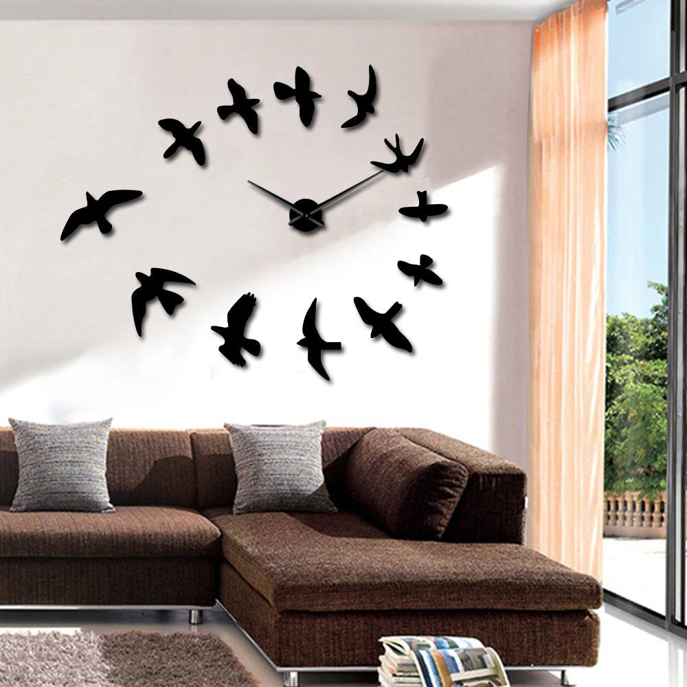 Miroir mural oiseaux volants grand format et horloge murale design noir 27"