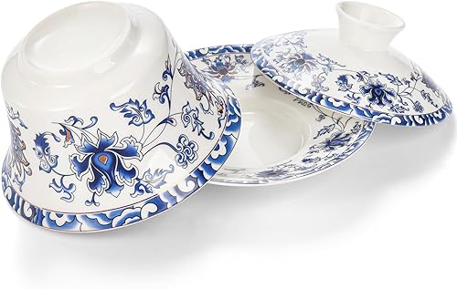 Miniatura 3 de Juego de 3 tazas de té chino con tapa y platillo, juego de tazas de té Gaiwan de porcelana grande de 10 onzas, cuenco de té hecho a mano, sistema de