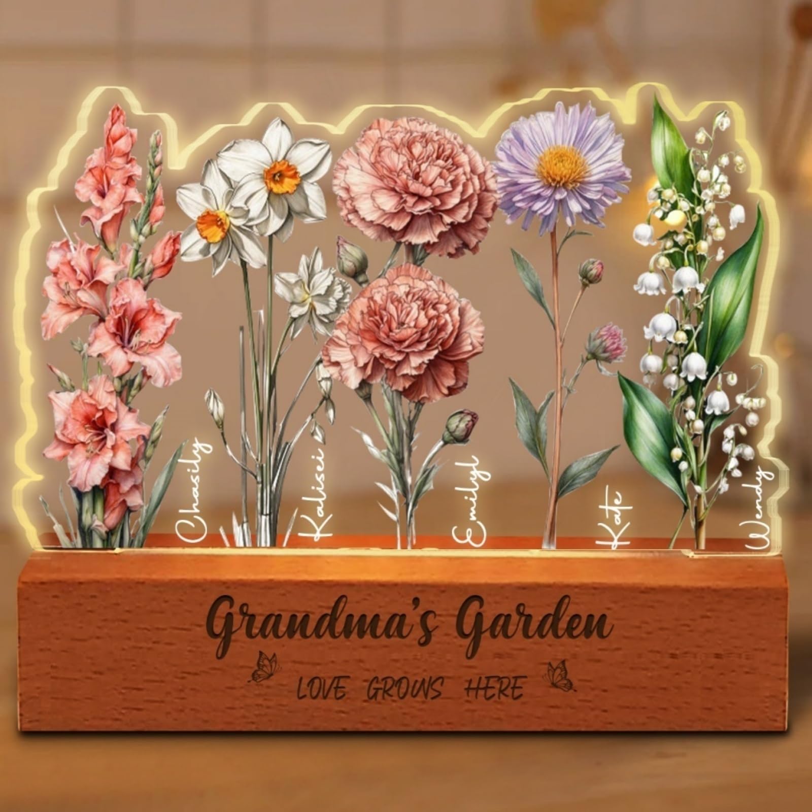 Ozinna Personalized Birthday Month Flower Night Light, Custom Name Acrylic Night Lamp, Grandmas Garden Led Night Light, Birthday Mothers Day Gifts for Grandma Nana Grandmother (Grandma's Garden 5)