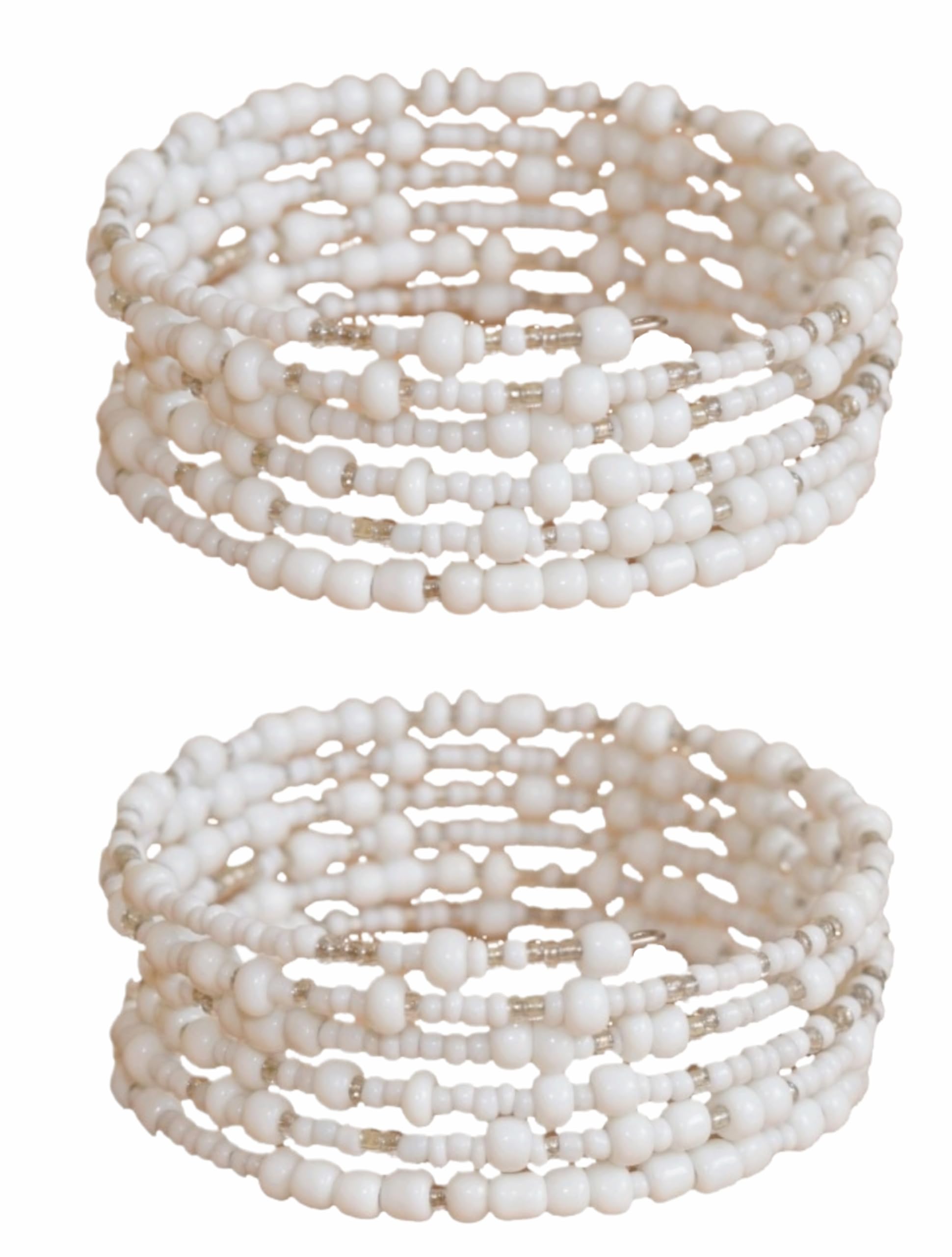 TEMBO AFRICA Set of 2 Handmade Beaded Bracelets for Women - Wrap Bracelets - Boho Jewelry Gifts - Summer Beach White