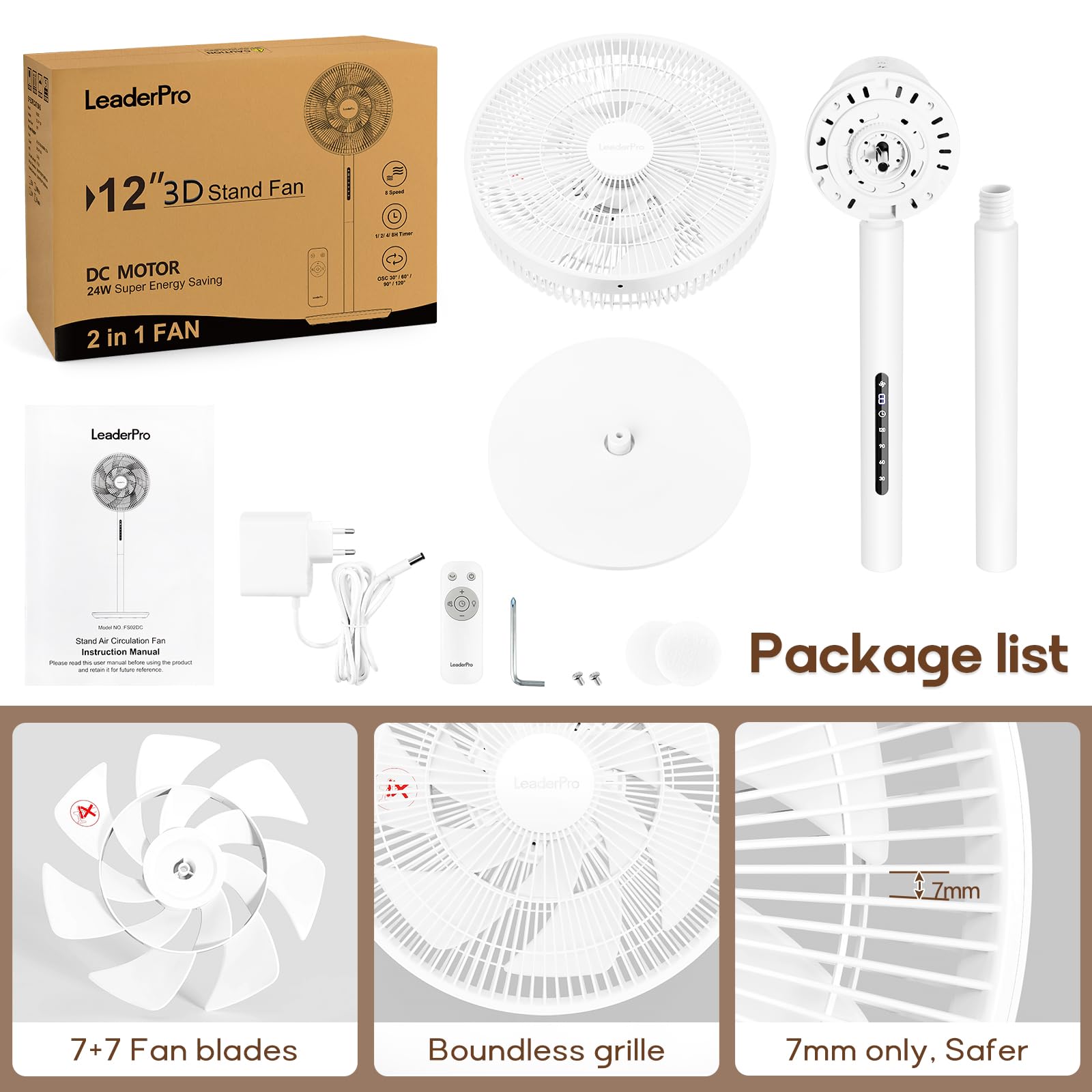 Neu DC Standventilator mit Bildschirm-12.8dB sehr Leise Ventilator mit Fernbedienung, 8 Stufen, Höhenverstellbar, Oszilation 120°, 8H Timer, Ventilator für Schlafzimmer, Wohnzimmer, Küche,Weiß