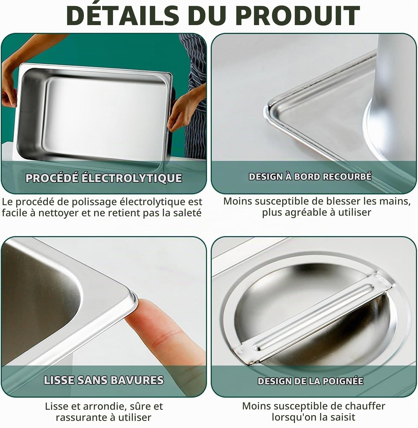 Lot de 6 Plat Inox avec Couvercle, GN 1/3 Bac avec Couvercle, 32,5 x 17,5 x 10 cm Bac Alimentaire Inox pour des Fours à Convection, des Chafing Dishes, des Réfrigérateurs