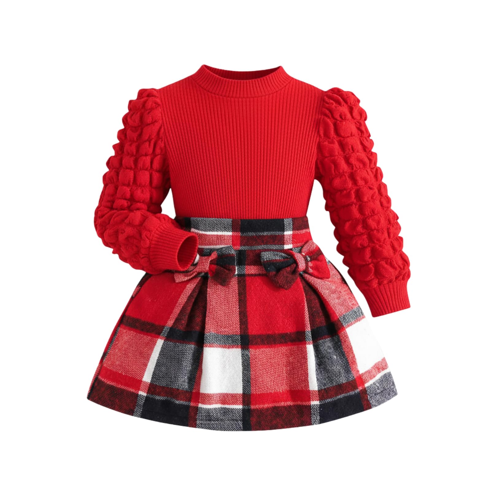 Noubeau Toddler Girls Plaid Outfits Girls Puff Sleeve Knit Ribbed Shirt Tops Plaid Skirt Set Kids Fall Winter Clothes