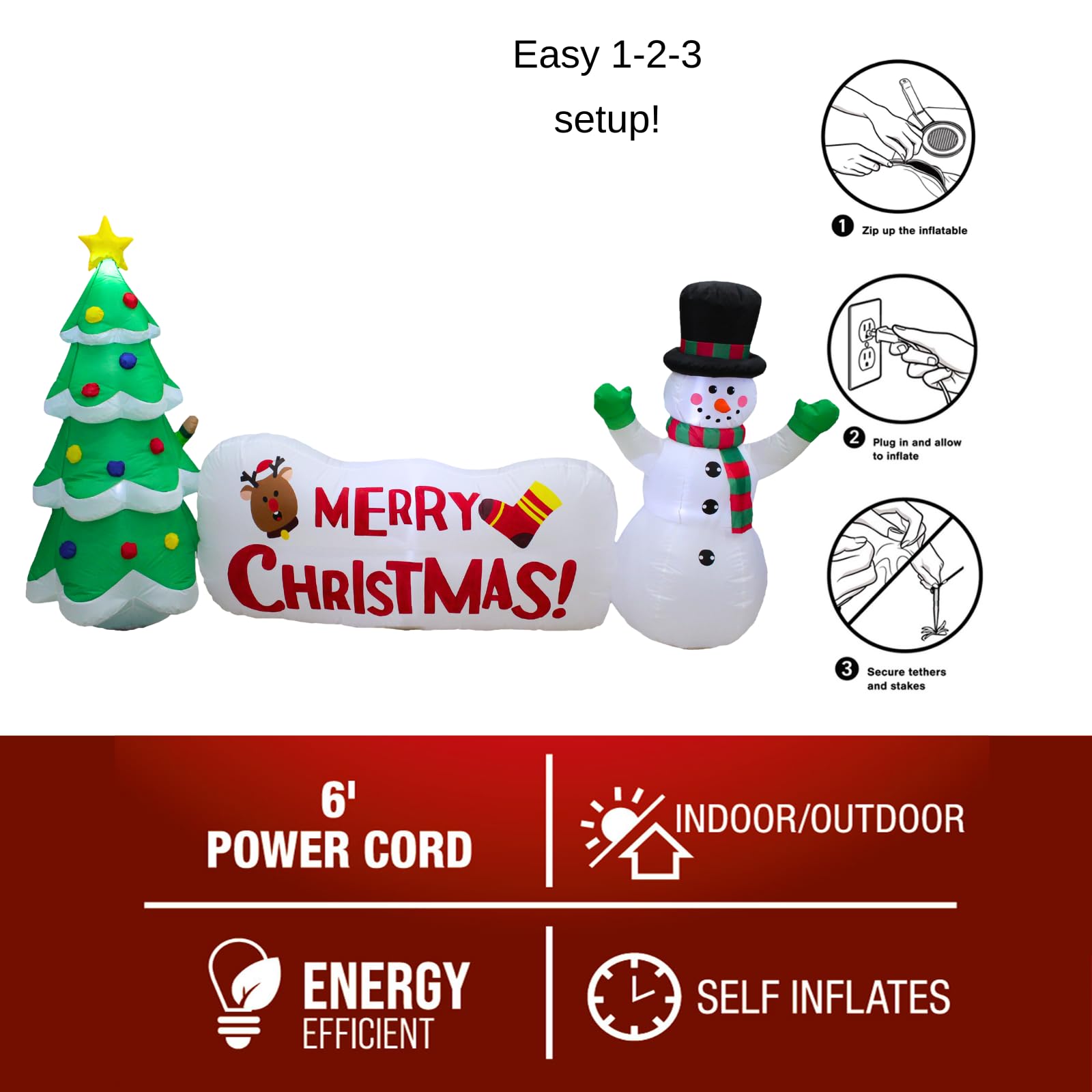 PTS Muñeco de nieve inflable de 10 pies con árbol y letrero para decoración al aire libre, decoraciones de patio inflable de Navidad, luces LED integradas, decoración divertida para interiores y