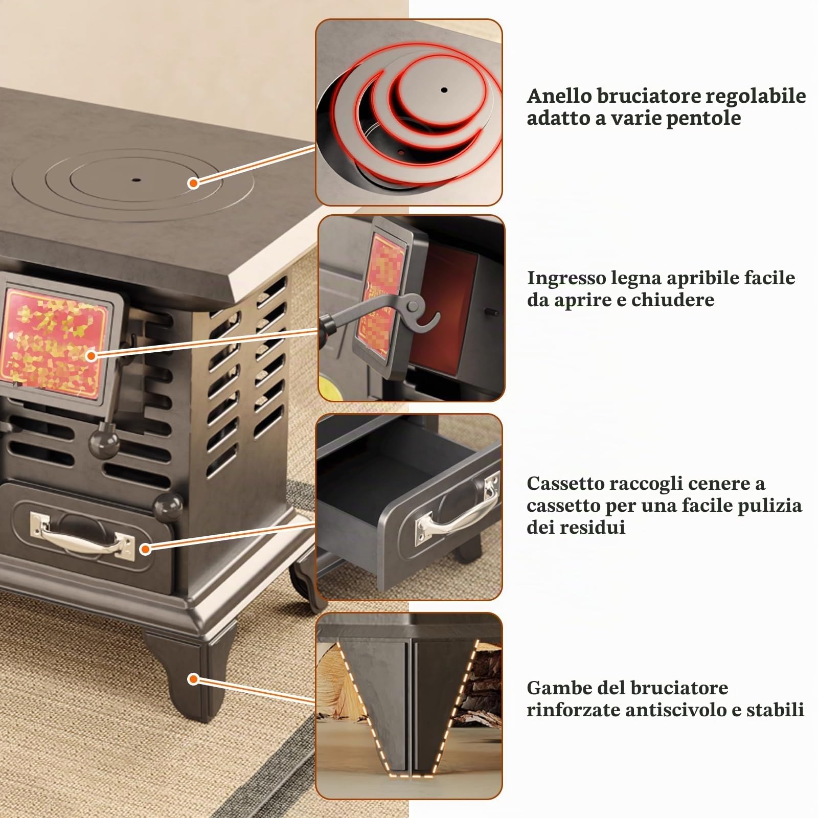 Stufa A Pellet, Stufa A Legna For Interni Con Fori Di Dissipazione Del Calore Allargati, Combustibili Solidi Multipli For Cucinare, Campeggio, Cottura Al Forno
