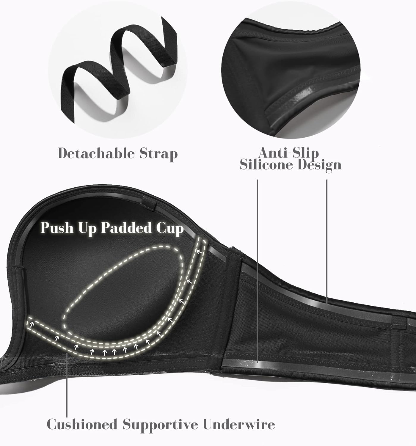 HACI Plunge Deep U Strapless Bra Push Up Demi Everyday Seamless Underwire - Image 3