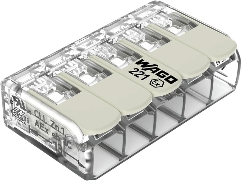 221-685 | WAGO 221 Series Lever-Nuts® for Hazardous Locations | 5-Conductor Splicing Connector | 20 – 10 AWG | Transparent housing, White Operating levers | [Box of 15 Pieces]