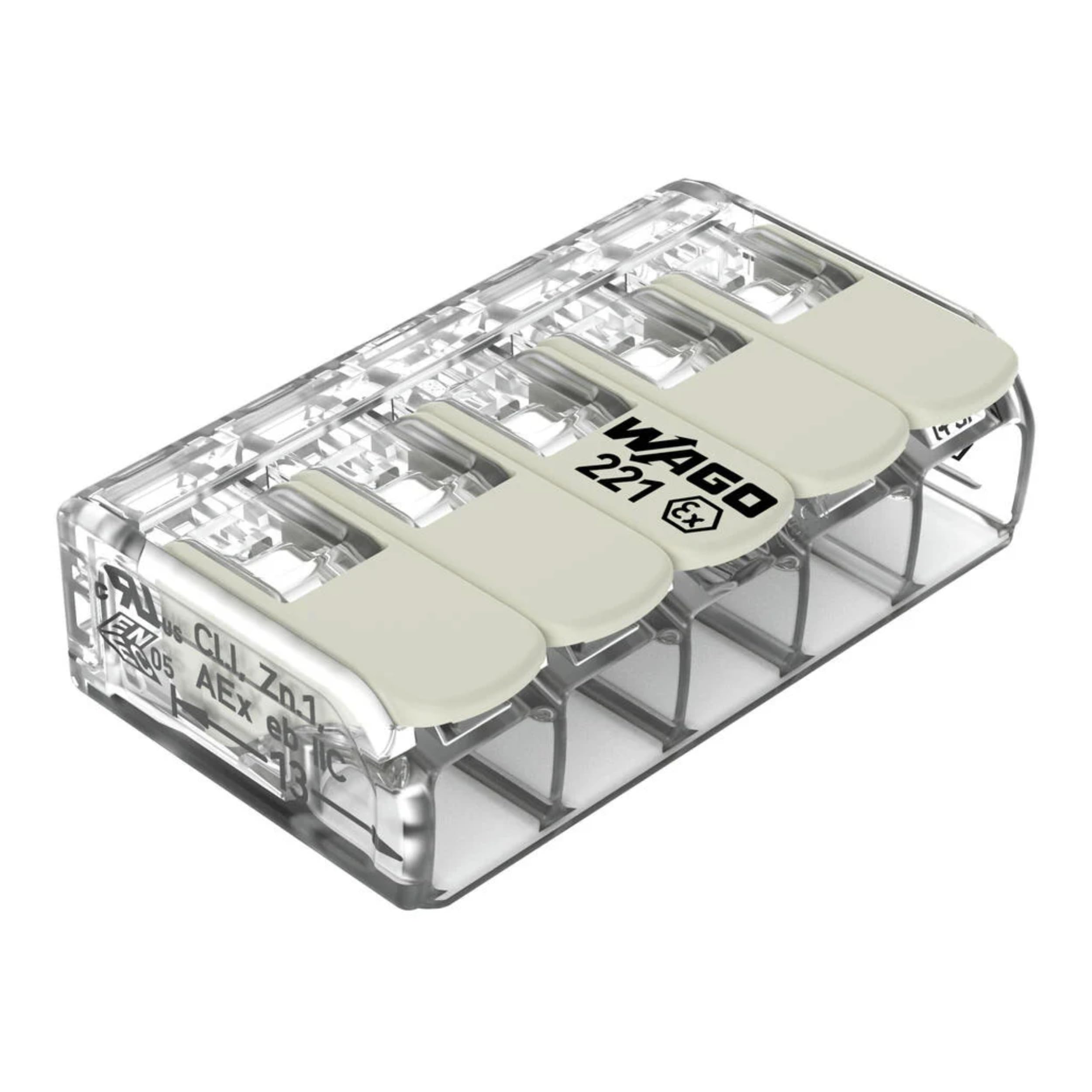 WAGO Compact Splicing Connector, for all conductor types, for Ex e applications, max. 6 mm², 5-conductor, with levers, transparent housing, Operating temperature (max.), 105 °C, 6,00 mm², transparent
