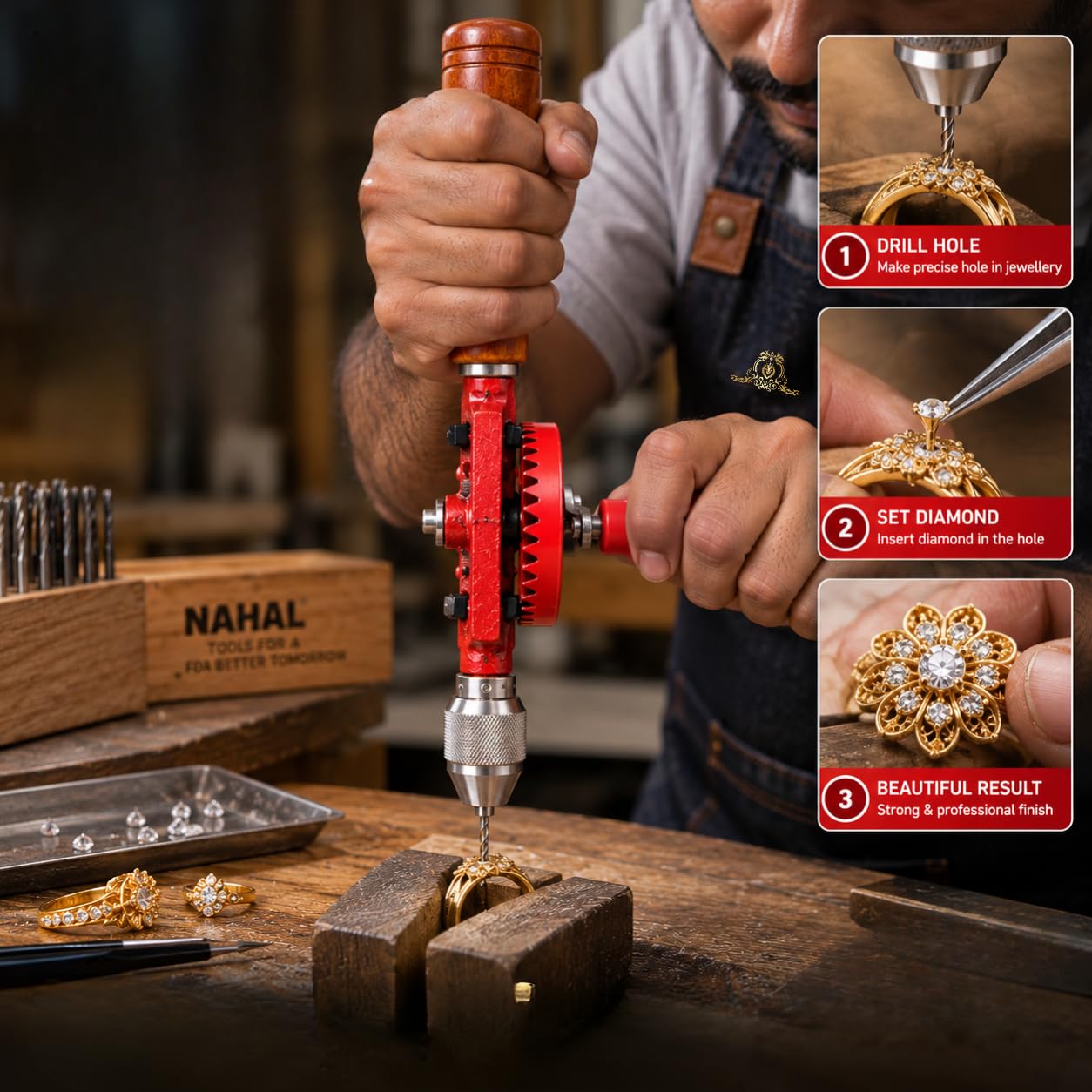 Johnson Tools Nahal 1/4" (6mm) Hand Drill Machine with Wooden Handle Ideal for Jewellery Making, Woodworking and DIY Use 1