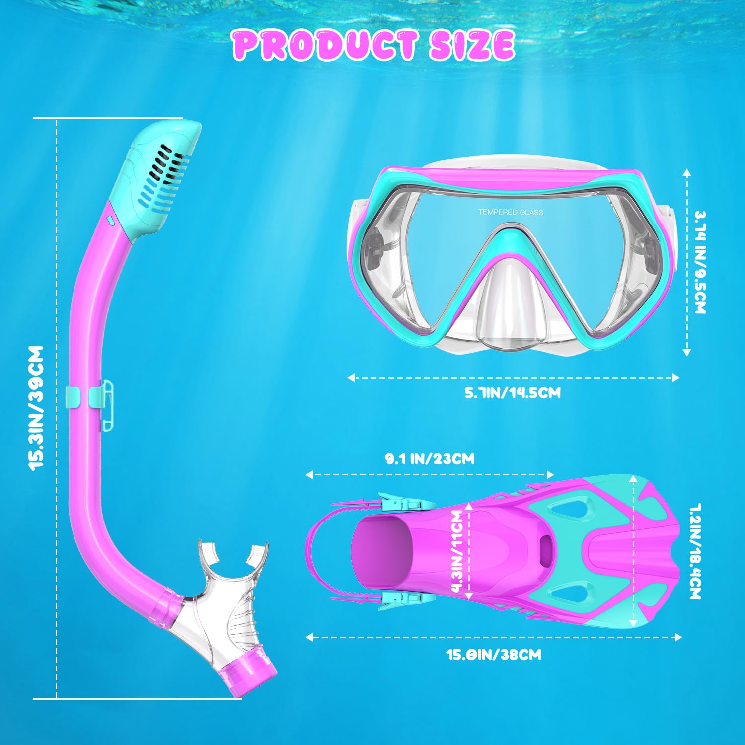 Attrezzatura da snorkeling per bambini, pinne con maschera per bambini, pinne con top asciutto, per ragazzi e ragazze dai 6 ai 14 anni, pinne da nuoto in vetro temperato, vista panoramica, pacchetti