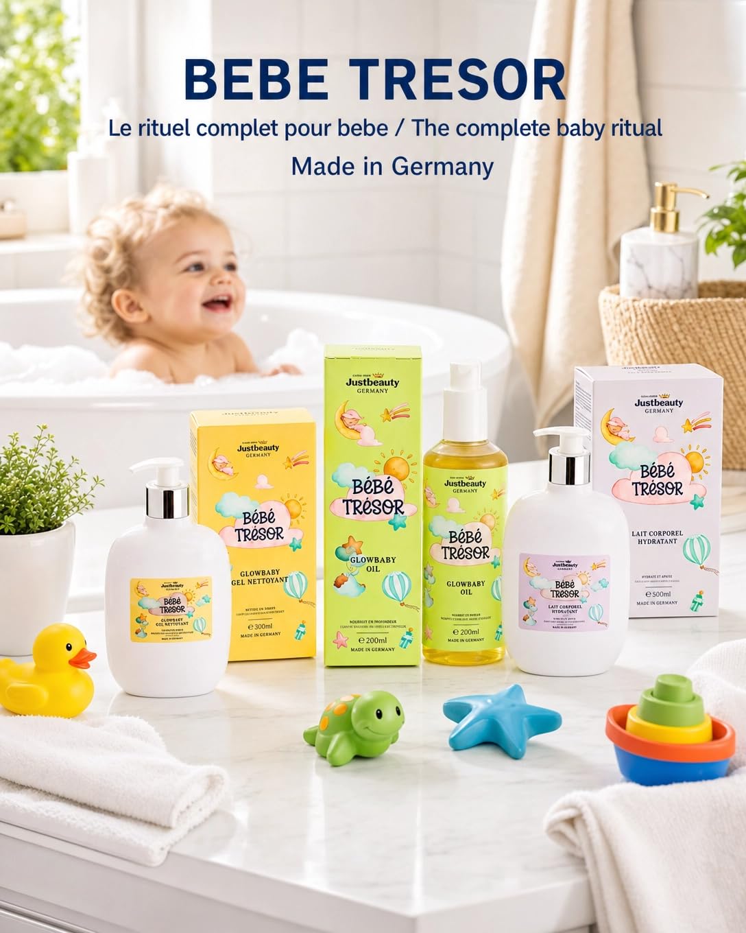 Bébé Trésor - Set per la cura della pelle sensibile del bambino, latte corpo 500 ml, gel doccia 300 ml, olio da massaggio naturale 200 ml