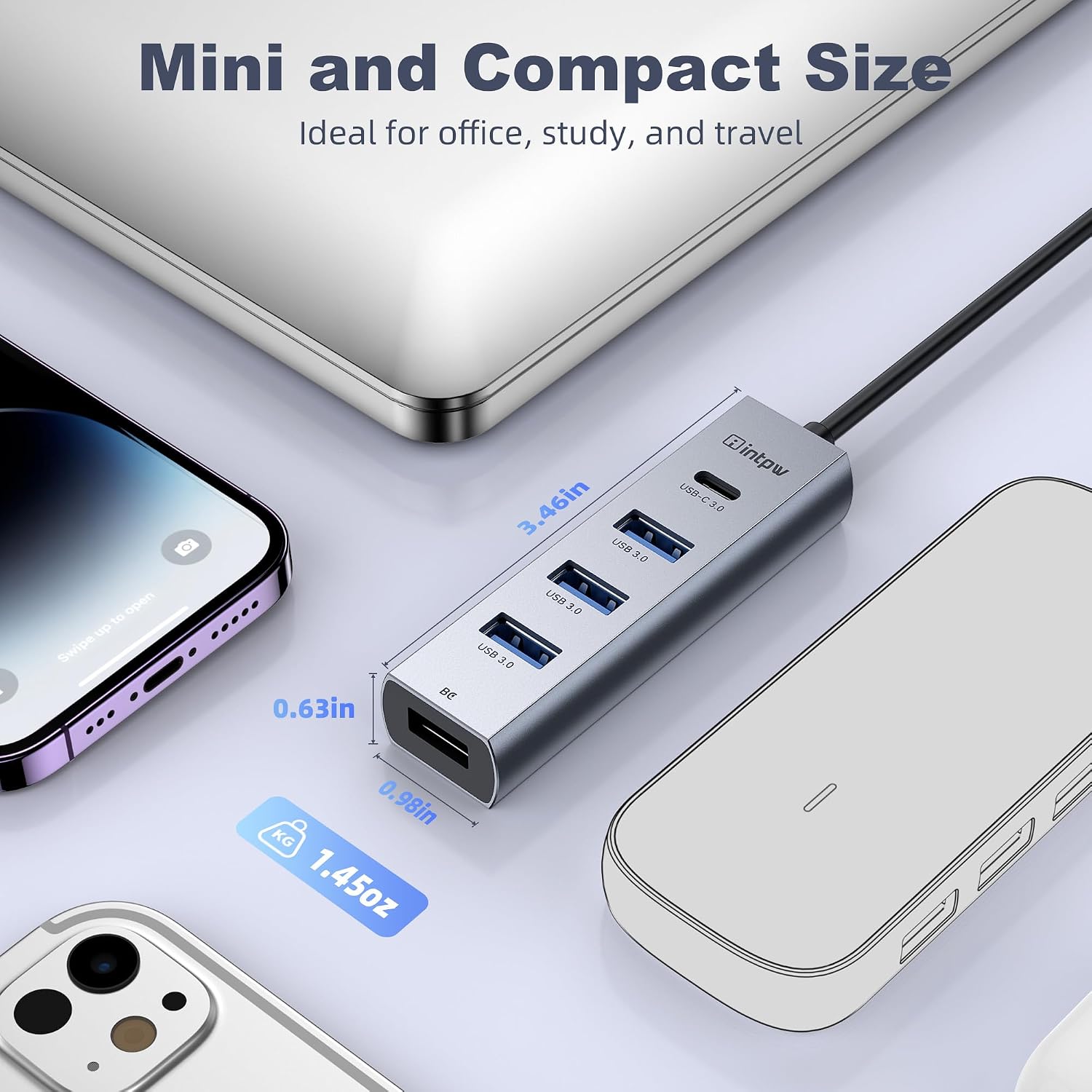 5-Port USB C Hub, intpw USB C to USB Adapter with 1 USB-C/3 USB-A 3.0 Data Ports, 5Gbps Aluminum Multiport USB-C Hub Adapter Long Cable for Laptop, MacBook, iPad, PC(4FT) 9 71Vm7d e99L. AC SL1500