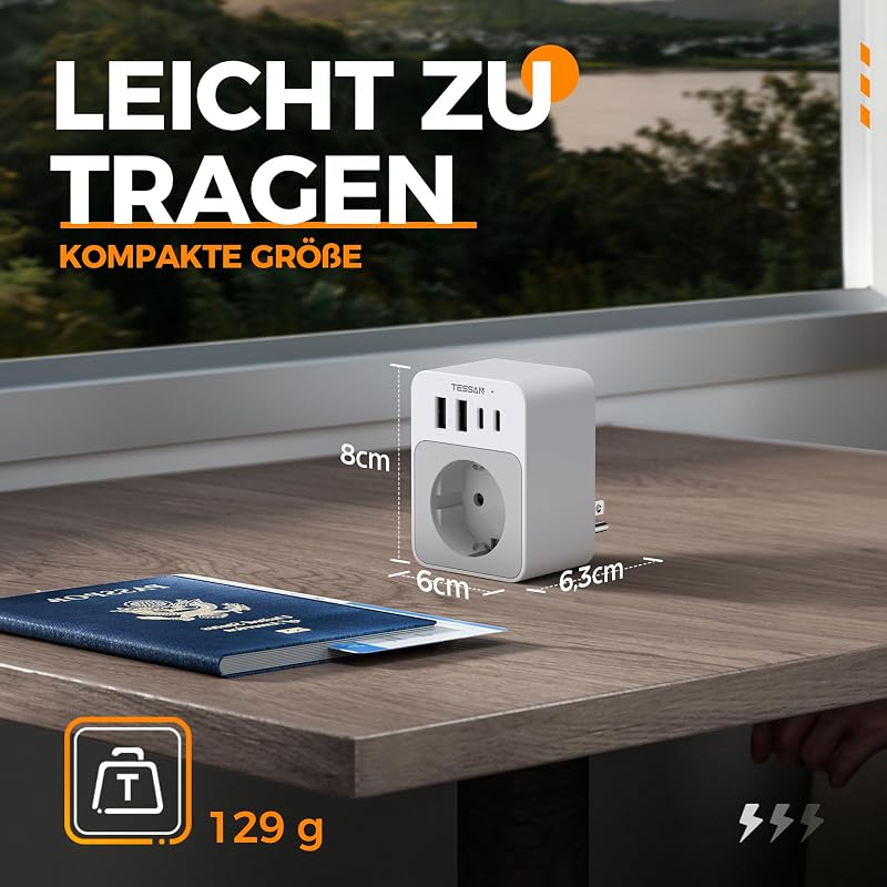 TESSAN USA utazási adapter 20W, 2 USB-C 2 USB-A, gyorstöltés, EU-USA típus B dugó - EU to US 4USB, White