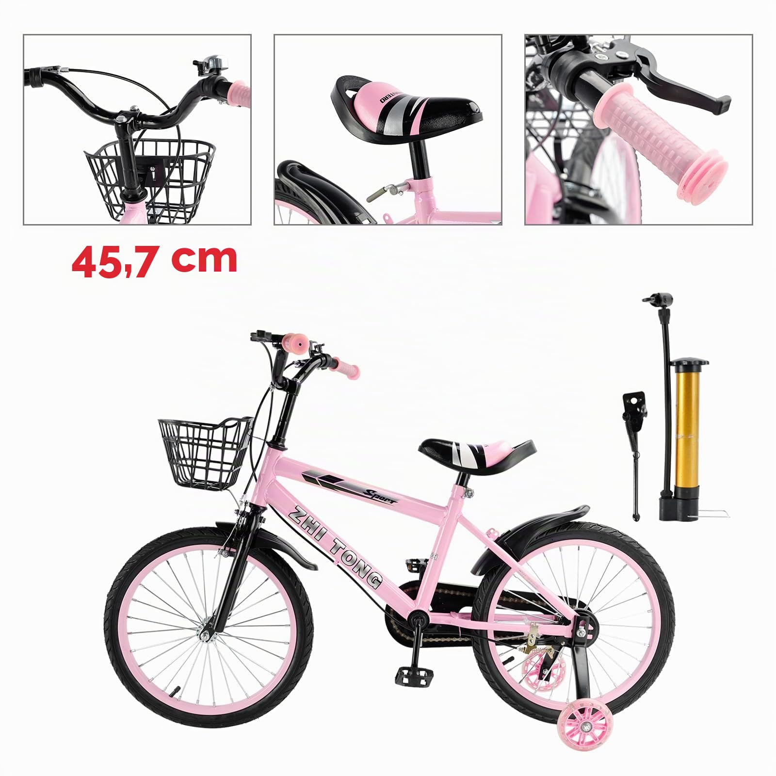 Vélo pour enfant 18 pouces, cadre acier carbone, siège guidon réglables, double freins, roues stabilisatrices