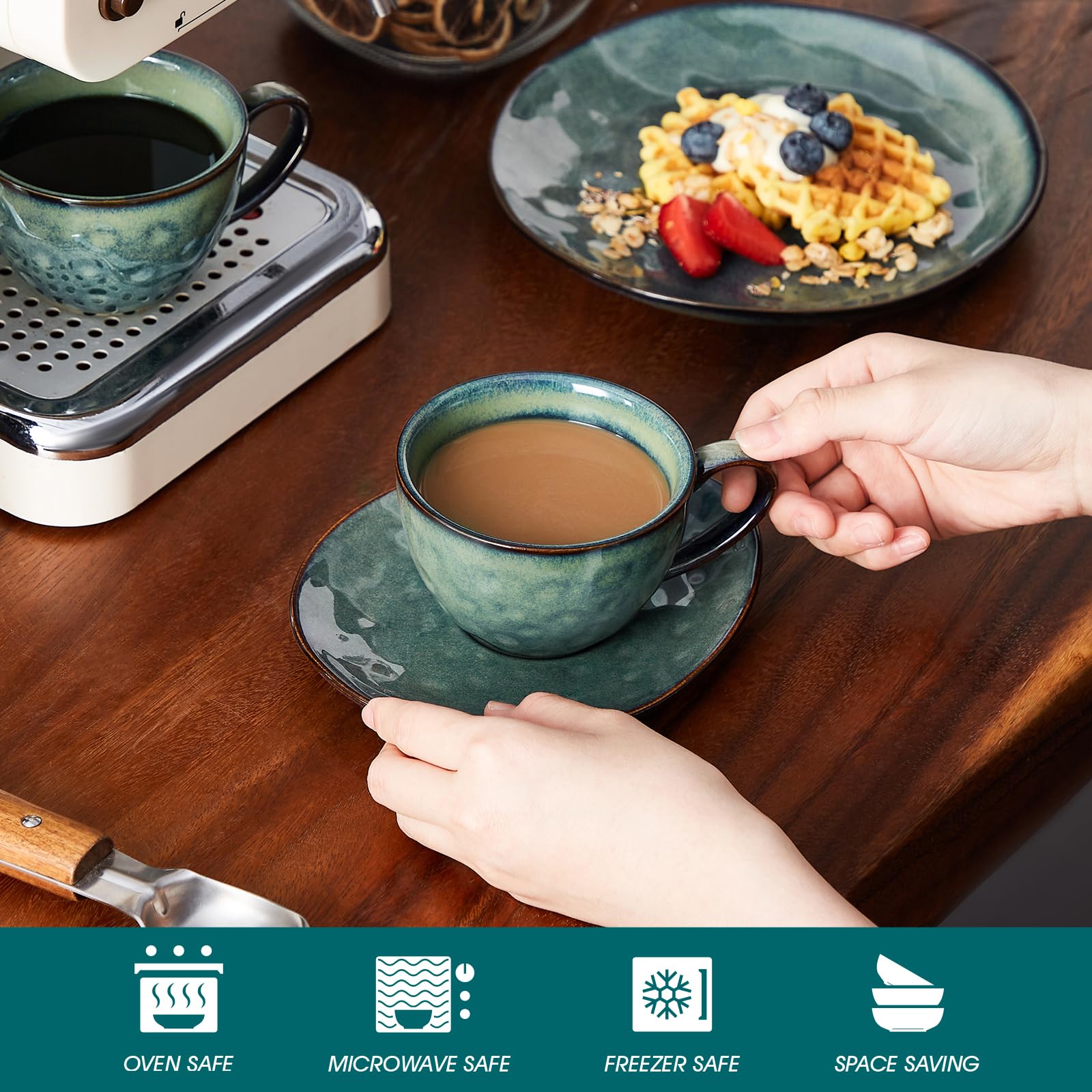 vancasso serie Starry Juego de Taza y Platillo 12 piezas con 4 Tazas, 4 Platillos y 4 platos de postre, Vajillas de Gres para Desayuno/Café, 270 ML Tazas de Café per 4 Persone, Irregular Esmalte Verde