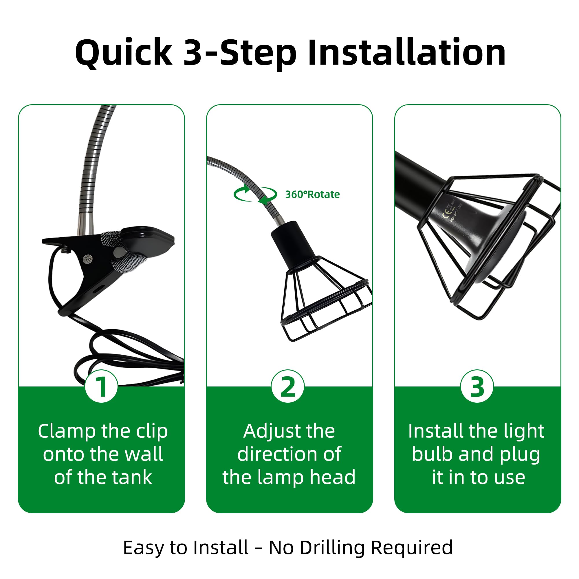 Reptile Heat Lamp Holder with Clamp, Ceramic Heat Emitter Fixture, Gooseneck for Terrarium, Lizard, Turtle, Bearded Dragon, 360-Degree Rotary Arm, High-Temperature Resistant, Maximum Load: 500W - image 7