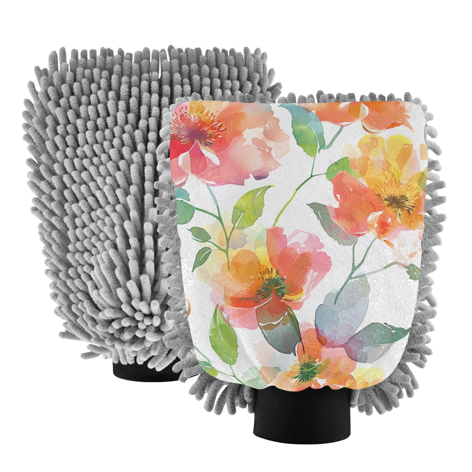 IOACIY Absorbent Microfiber Car Wash Drying Mitts, 2 Pack, Scratch-Free & Lint-Free, Rich Foam, Highly Absorbent, Double Sided, Wash Mitt Perfect for Car Washing, M, Flower (5)