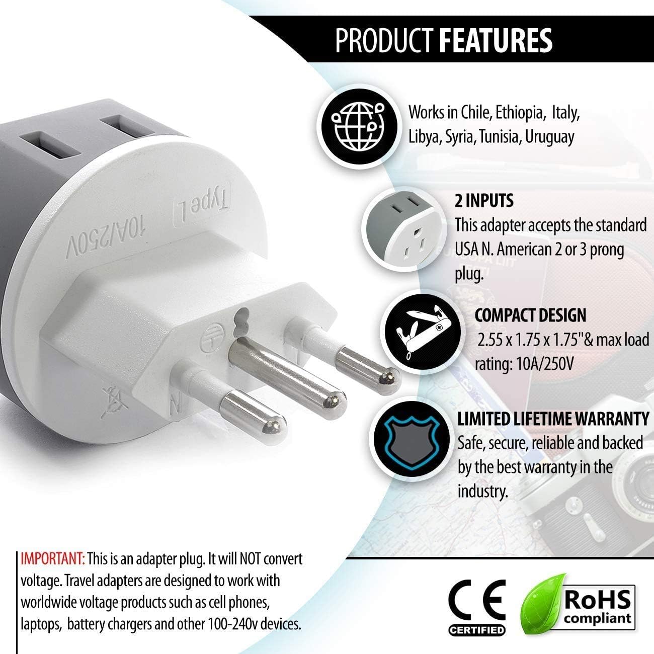 OREI Italy, Uruguay Power Plug Adapter with 2 USA Inputs - Travel 3 Pack - Type L (US-12A),Safe Grounded Use with Cell Phones, Laptop, Camera Chargers, CPAP, and More