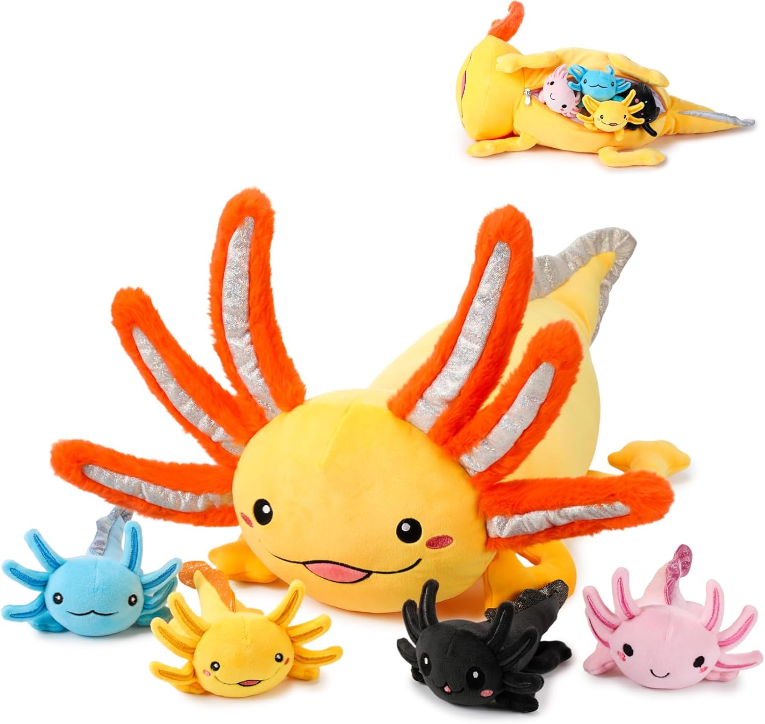 Aoriher 5 Pcs Axolotl Plush Set 24 Inch Mommy Axolotl Stuffed Animal with 4 Cute Plush Babies in Belly Soft Cuddly Plushie for Kids Sleeping Birthday Graduation Valentine Gift Party Favors(Orange)