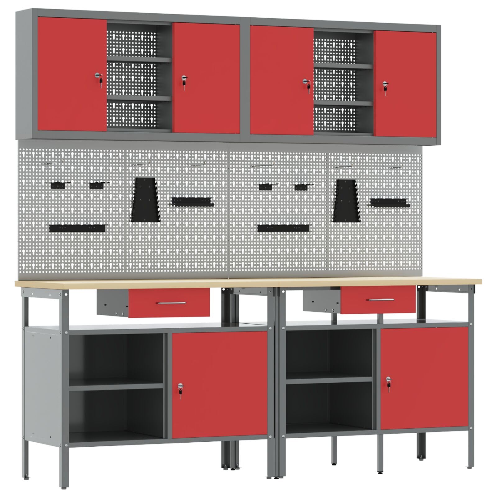 vidaXL Industrial Tool Wall Panel Set with 2 Pegboards & Accessories for Workshop and Garage Organisation Grey Red Steel Construction Versatile Storage Unit Wall Mounted Organiser Pegboard