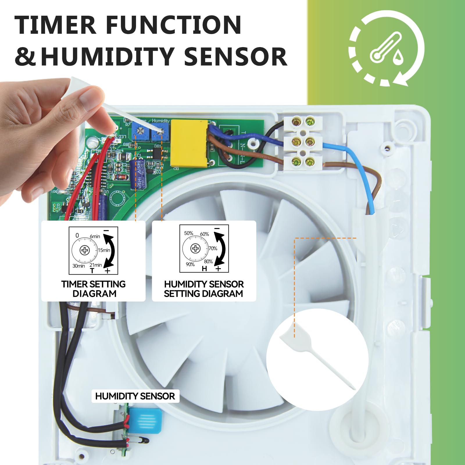FanGoFast 100mm Ventilador de Baño, Extractor de Baño con Sensor de Humedad y Temporizador Ajustable, Silencioso con Aleta Inversa, Ventilador de Pared para Cocina Baño Garaje (Blanco, 100B-humedad)