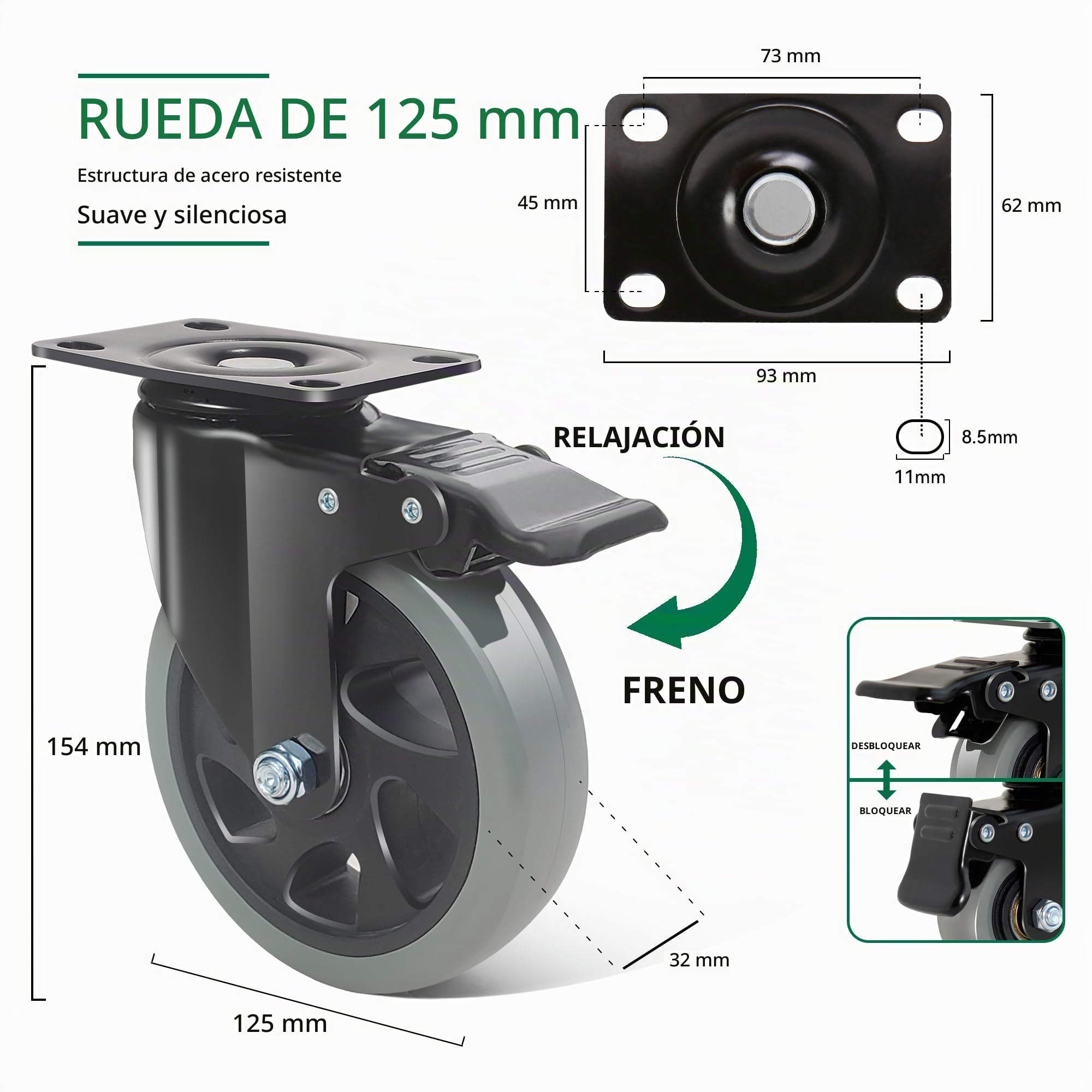 4 Ruedas para Muebles con Freno 125MM Ruedas Pivotantes, Ruedas de Placa Industriales Giratorias 360°, PU Ruedas No Dejan Marcas Hasta 800kg
