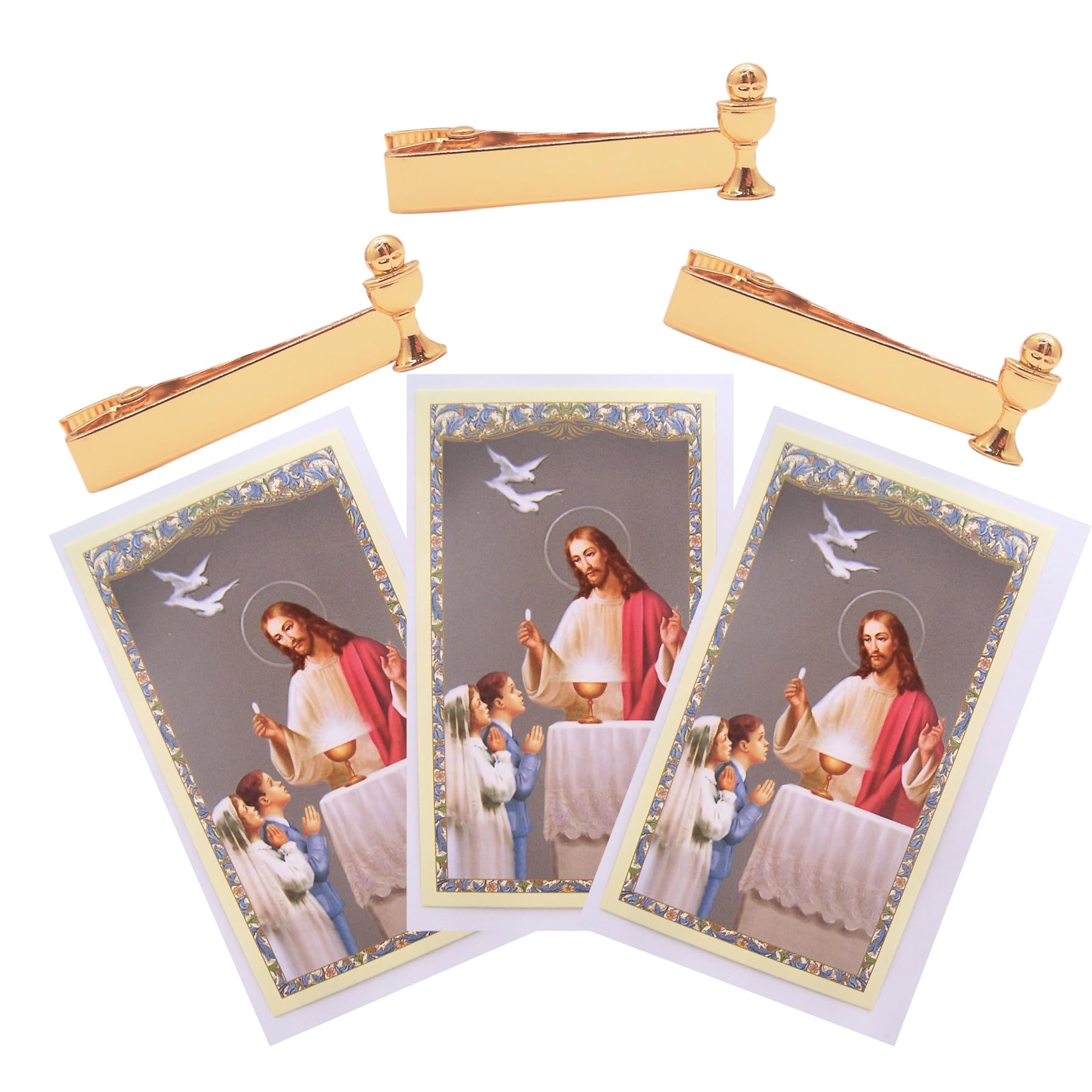First Communion Tie Clip and Prayer Card Set, Set of 3, Sacramental Gift, Religious Accessory