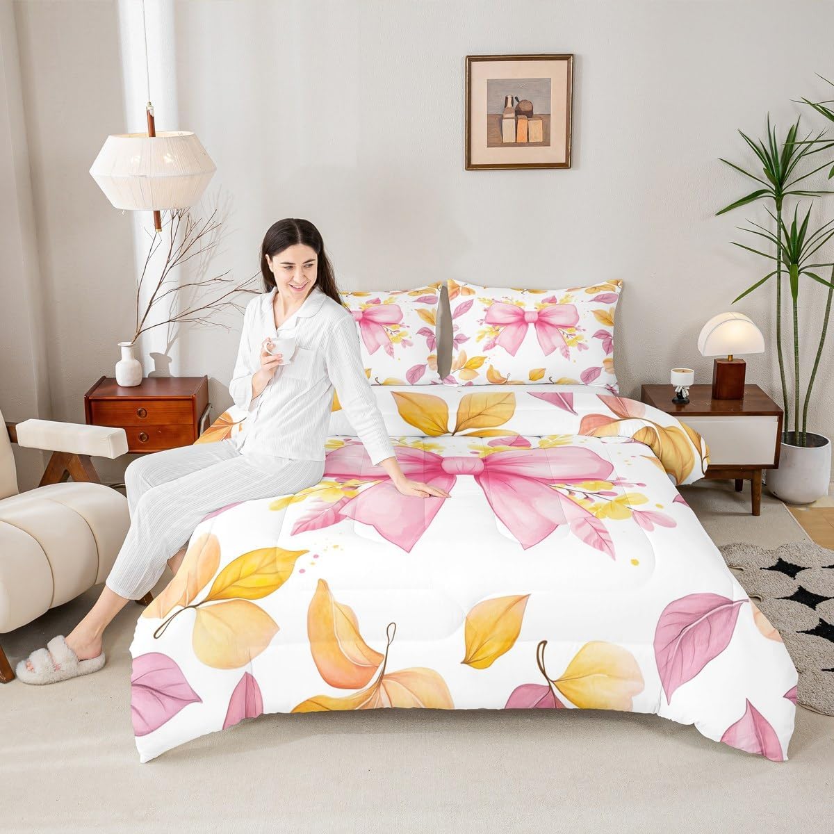 Erosebridal Cartoon Bowknot Bedding Set Romantic Girls Bow Comforter Set Toddler,Fall Leaves Bow Knot Quilt Set for Kids Teens Women,Modern Pink Cartoon Style Duvert Insert for Room Decor