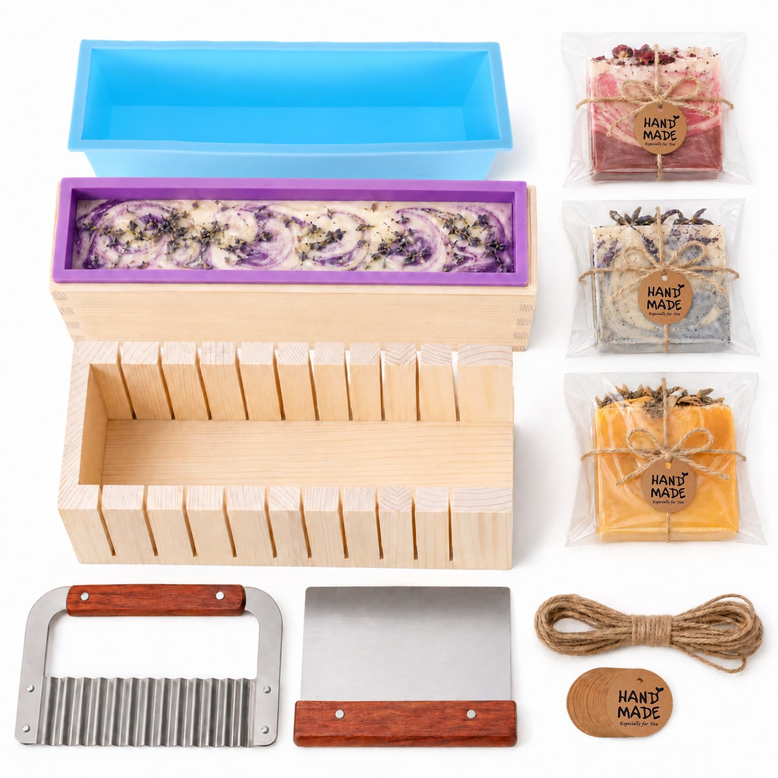 Moldes de silicona para hacer jabón para adultos, moldes de jabón con | Juego de moldes para pan de jabón de 42 onzas con cortador ondulado y recto de acero inoxidable y bolsas de embalaje