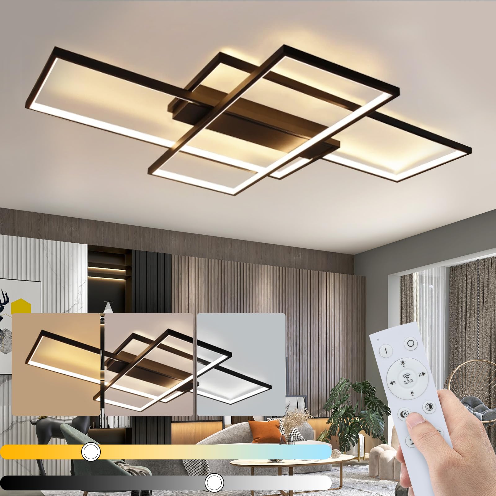 GBLY Lámpara de Techo LED Moderna - Lámpara de Salón Grande Negra Regulable con Control Remoto Lámpara de Habitación geométrica 51W Iluminación de Techo (100x70x8cm)