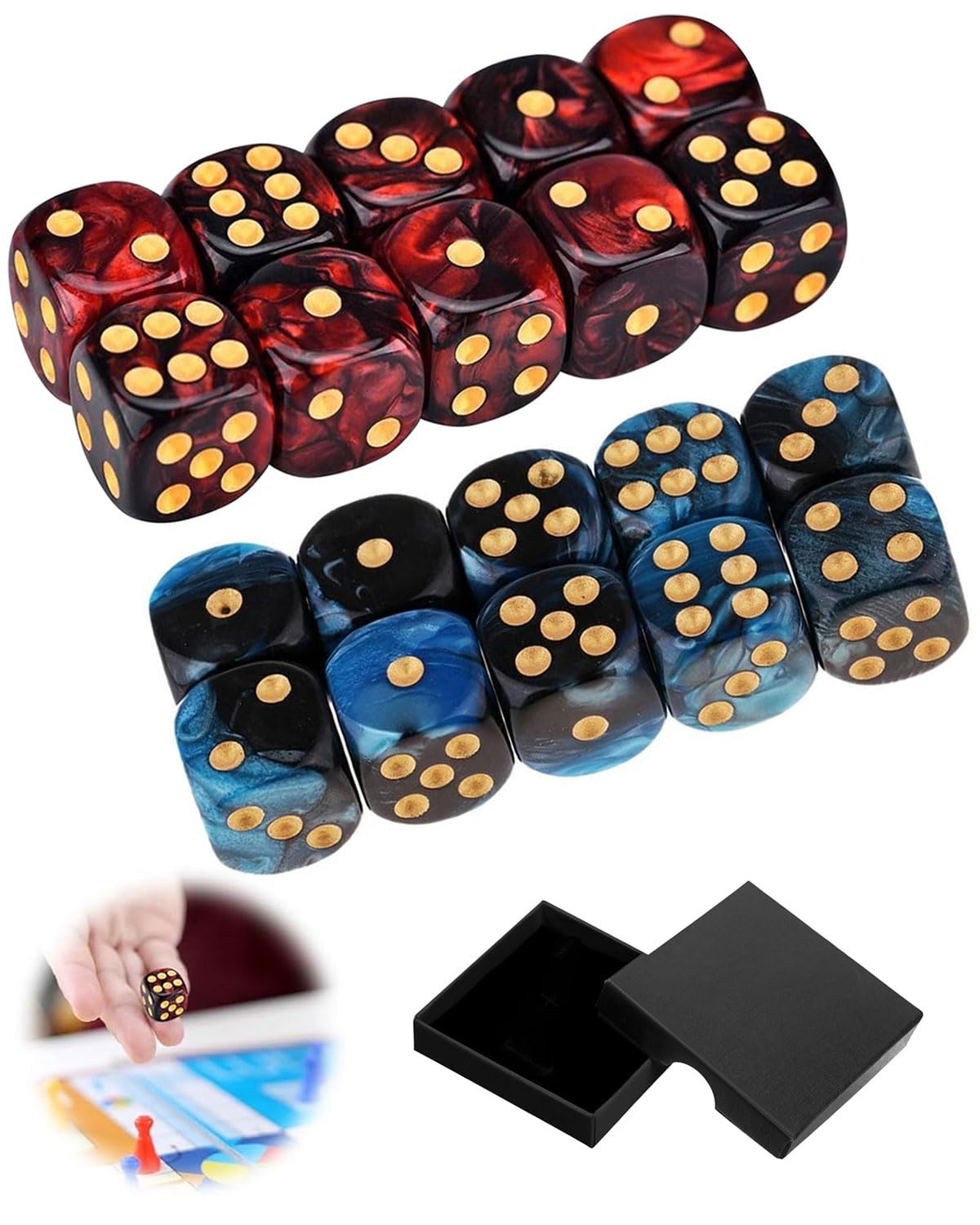 DAFNE 20 Dados D6 De 16 Mm Bicolor (azul-negro Y Rojo-negro), Acrílicos Mate, Para Juegos De Mesa, D&D, Rol Y Coleccionismo