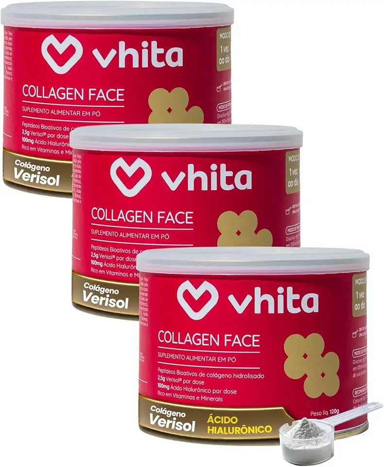 Vhita Colágeno Hidrolisado Verisol Com Ácido Hialuronico Em Pó Neutro 120gr - 3 Potes