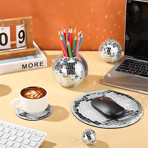 Miniatura 3 de Soporte para bolígrafo de bola de disco de 4 pulgadas, alfombrilla de mouse de bola de disco plateada de 8 pulgadas, posavasos de 4 pulgadas para