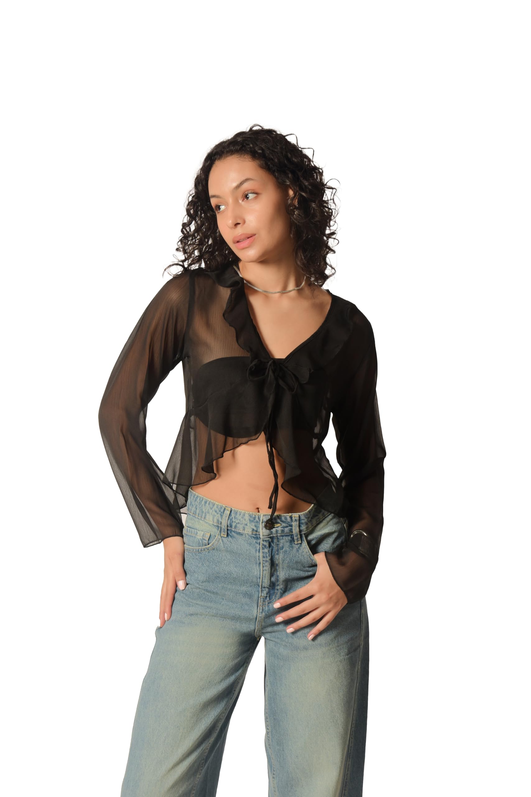 izf Women’s Tie-Front Ruffle Style Shrug | Trendy Front Knot with Soft Stretch Fabric | Stylish & Lightweight Tie-Up | Trendy Layering Shrug for Dresses, Shrugs and Jackets (Black)-picture-24