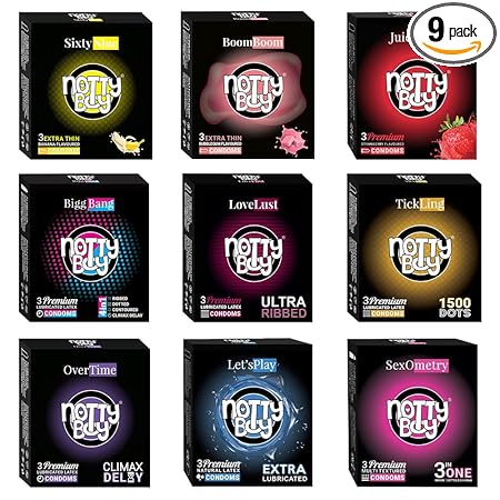 NottyBoy Mixed Honeymoon Pack - 4 IN 1, 3 in One, Extended Delay, Ribbed & Dotted, Over Time, Extra Lubricated, Ultra Thin Banana, Strawberry, Bubblegum Condoms (Set of 9, 27 Pieces)