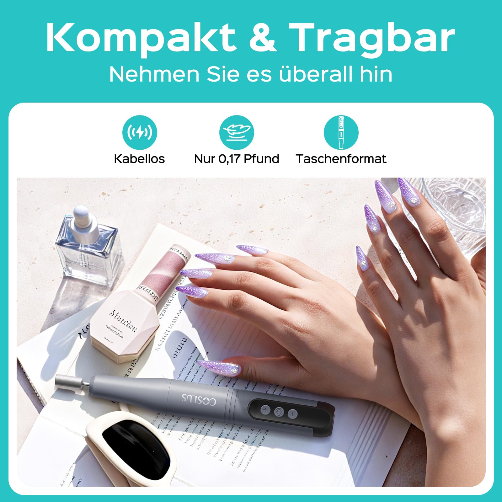 COSLUS C50 Nagelfräser Kabellose Elektrische Nagelfeile: 12-stufiger Nagelfräser mit LED-Display für Gelnägel, Acryl-Gel-Dip-Pulver-Entfernung, Nageldesign-Übung, Heim-DIY & Reisenutzung,Dunkelgrau
