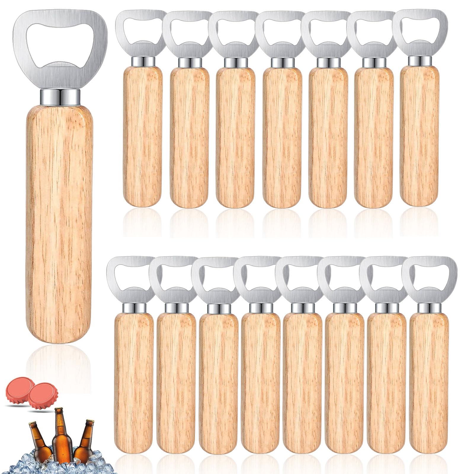16Pcs Wooden Bottle Opener, Engravable Wooden Bottle Openers, Stainless Steel Beer Bottle Opener, Handheld Portable Bottle Openers for Home, Wedding, Party, Bar, Barbecue, Camping