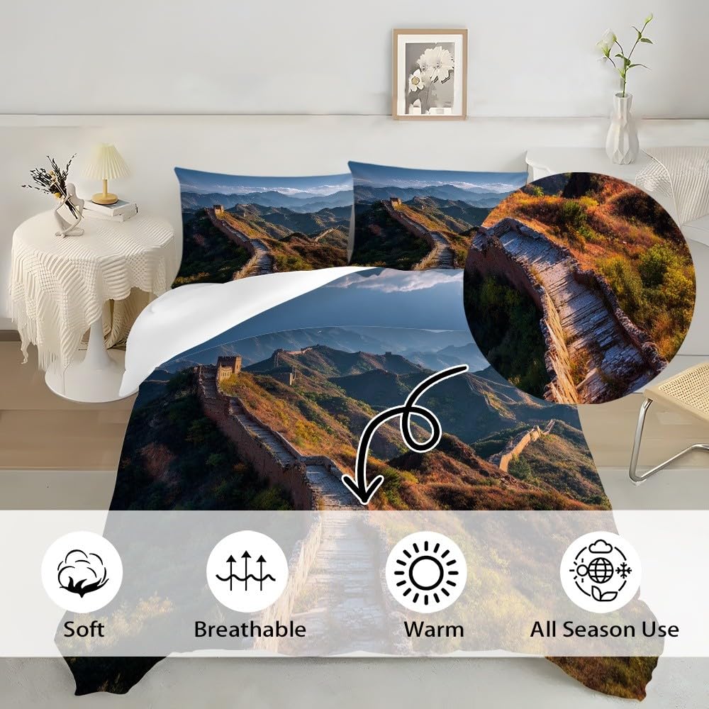3-częściowy komplet pościeli z mikrofibry, z zamkiem błyskawicznym – poszewka na kołdrę 240 x 220 cm i 2 poszewki na poduszkę 80 x 80 cm, naturalny krajobraz, miękka, oddychająca poszewka na kołdrę