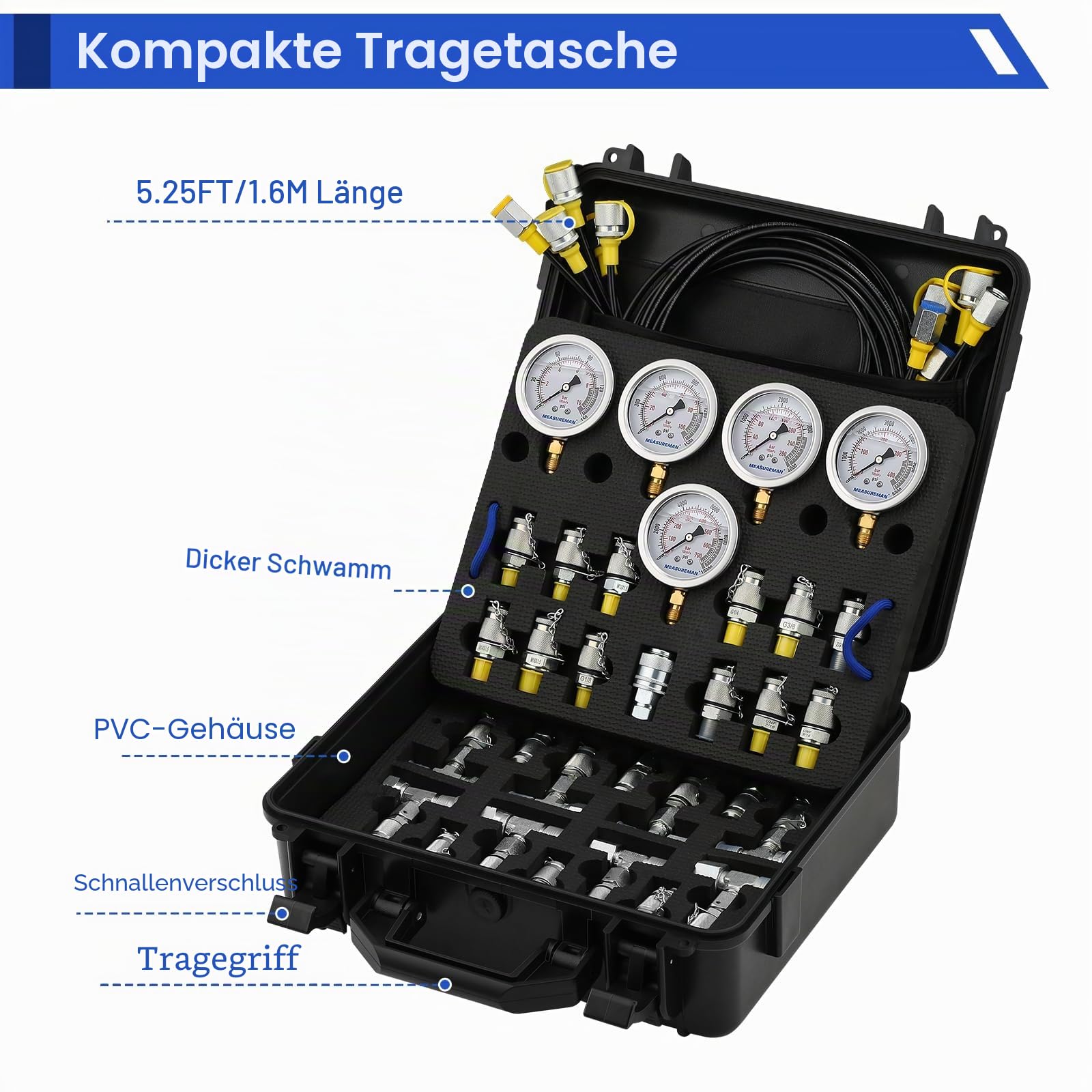 Hydraulisches Drucktestset mit 5 Messgeräten (10/100/280/400/600bar), 12 Testkupplungen, 14 T-Anschlüssen, 5 Prüfschläuche für Bagger und Baumaschinen