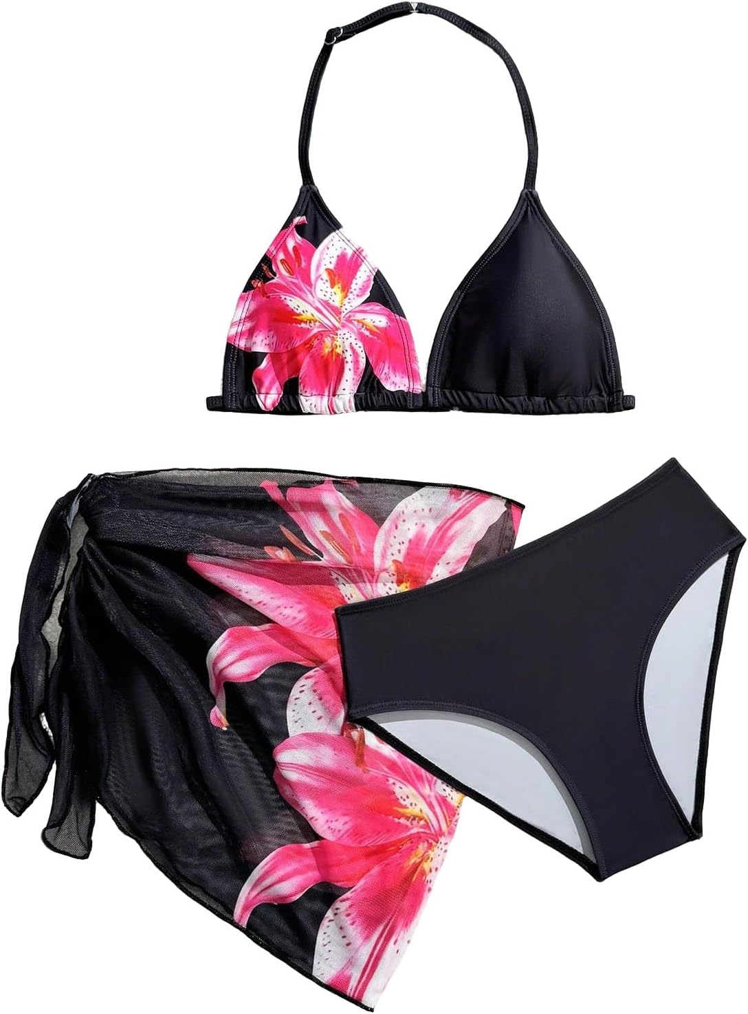 Girls' Floral Cute 3 Piece Bikinis for Teens Swimsuit Halter Bathing Suit with Coverup