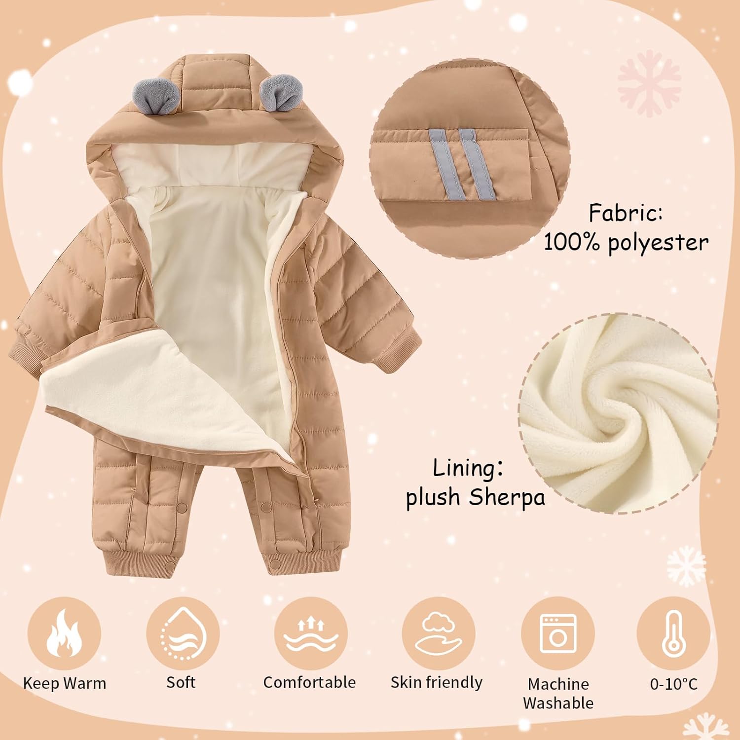 JiAmy Baby Snowsuit Baby Bear Hooded Winter Outfit Double Girl Boy Zipper Winter Clothes Romper - Image 4