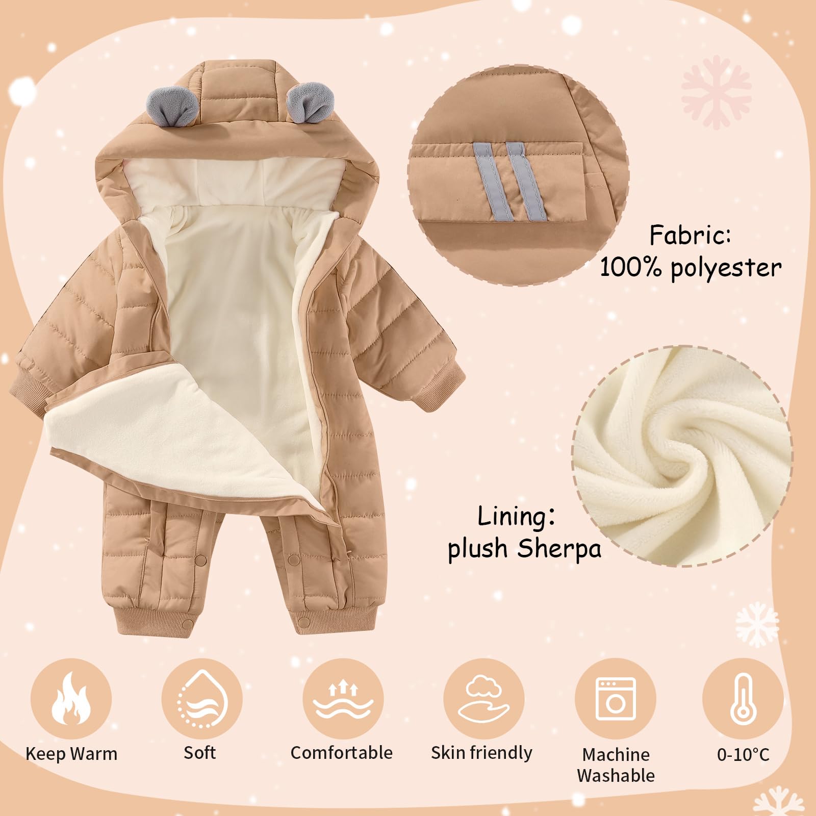 JiAmy Combinaison de Neige pour Bébé Garçons Filles, Barboteuse hiver Double fermeture éclair Grenouillère à Capuche Chaud Tout-petit pour 3-24 mois