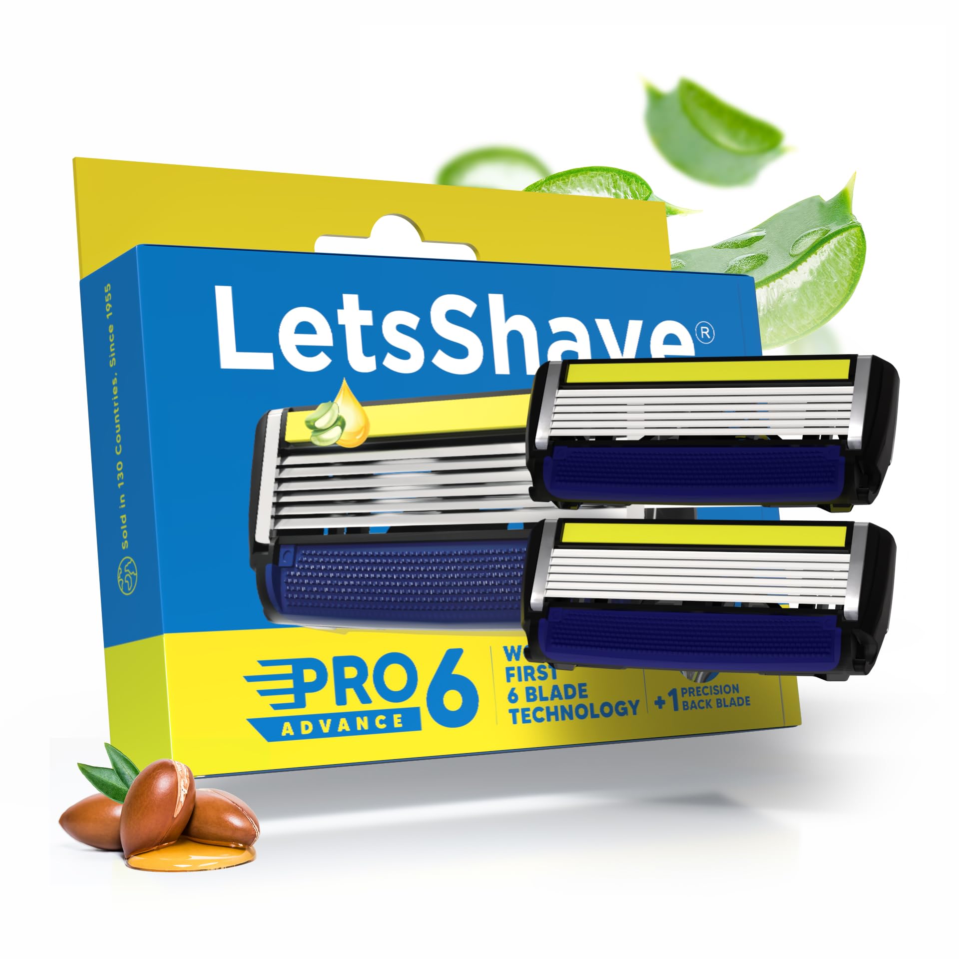 LetsShave Pro 6 Advance Manual Shaving Razor Blades Refills (Cartridge), Pack of 2, World's First 6-Blade & Precison Back Blade with Argan Oil & Aloe Vera Infused Moisture Bar, Blades for Men