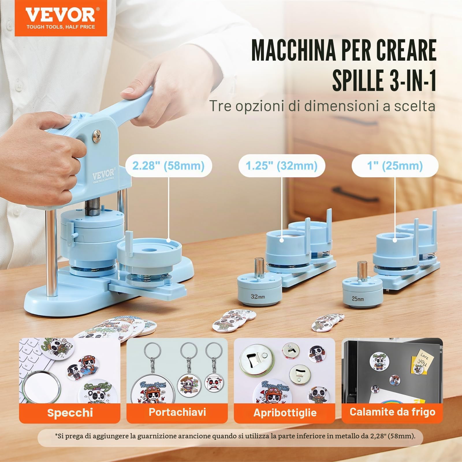 VEVOR Button Maker, 1/1.25/2.3 "(25/32/58mm) 3-in-1 Pin Maker, 300pcs Button Maker, macchina per la creazione di bottoni con libro magico panda, kit di punzonatura ergonomica con manico ad arco, per
